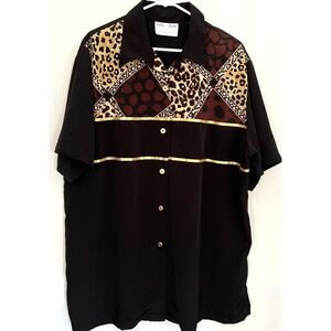 Vintage Delta Burke Shirt Womens Large Leopard Print Blouse Button Patchwork 90s